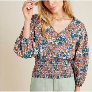 Anthropologie Odette Smocked Blouse Floral Cottagecore French Folk Floral Girly